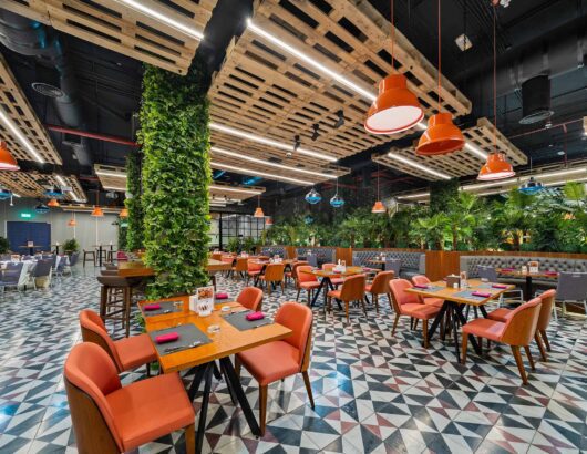 Stylish restaurant design with a mix of rustic and modern elements.