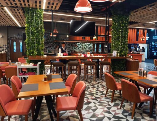 Stylish restaurant design with a mix of rustic and modern elements.