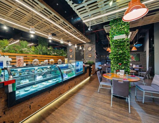 Stylish cafe interior with a mix of rustic and modern elements.