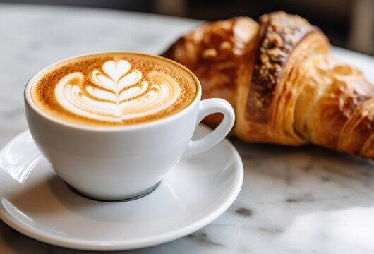 A cup of cappuccino with latte art next to a freshly baked croissant on a marble table.