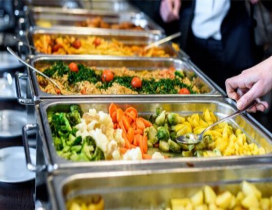 A tempting buffet with a colorful array of dishes.