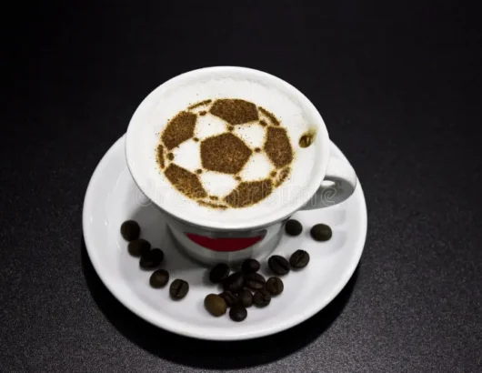 A cup of cappuccino with a soccer ball design in the foam, surrounded by coffee beans.