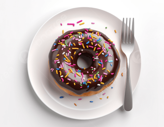 A chocolate glazed donut with colorful sprinkles, served on a white plate with a fork.