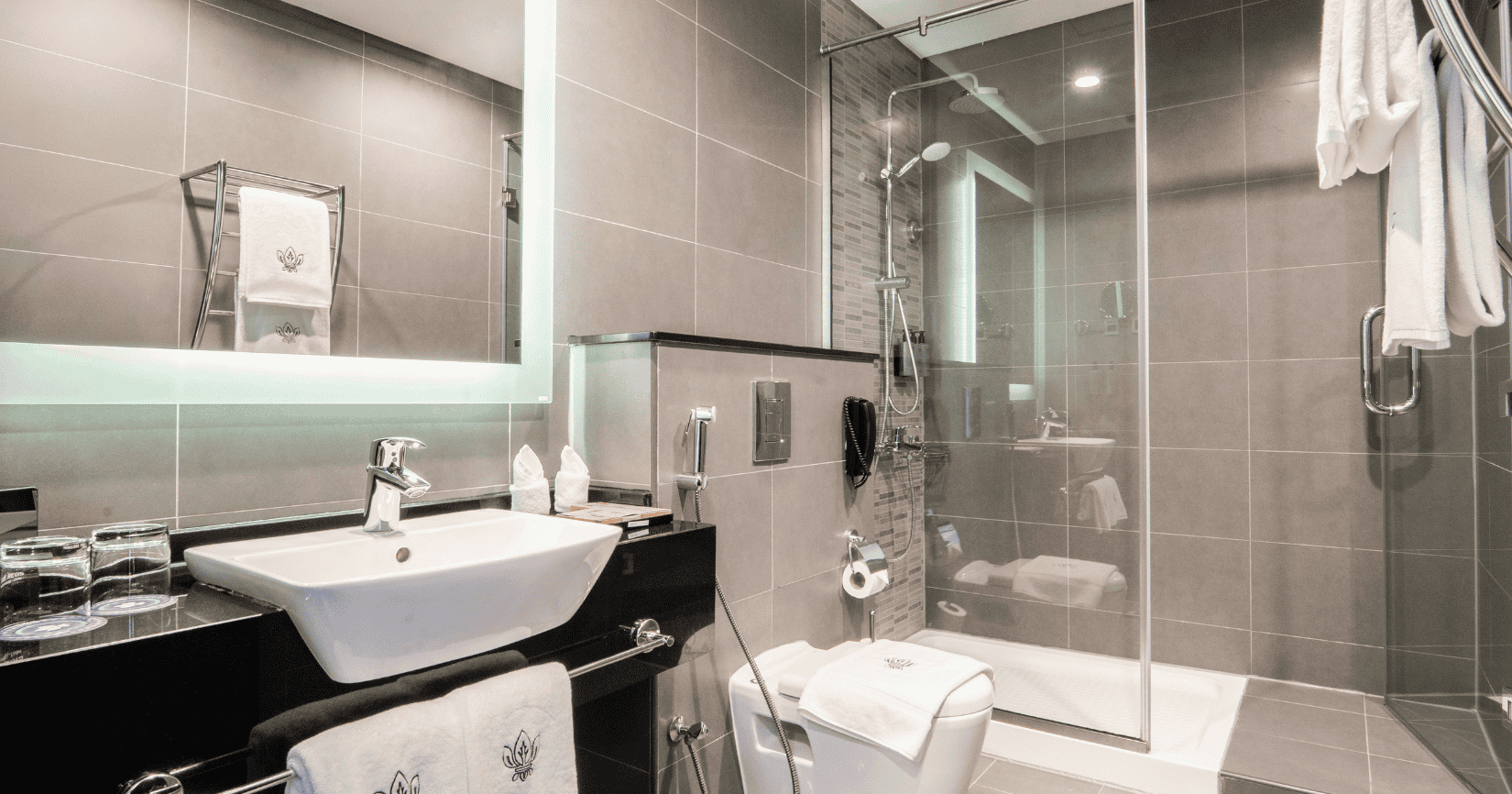 hotel toilet in room with Burj Khalifa view